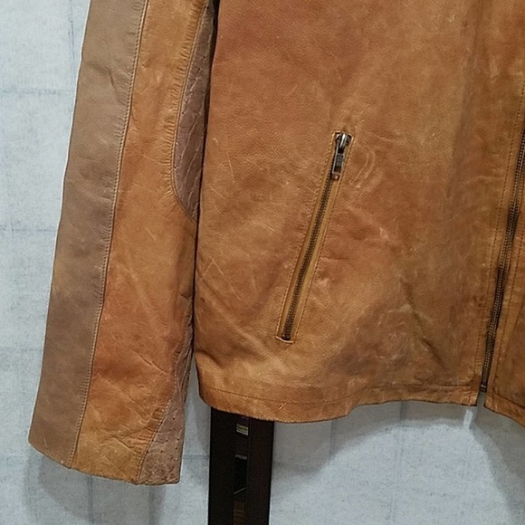 VTG Excelled Tan Genuine leather bomber jacket Distressed Zipper Pockets mens XL - Picture 5 of 12
